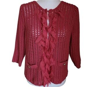 chico's carlina cardigan sweater open knit feather accents red size 1 (M)